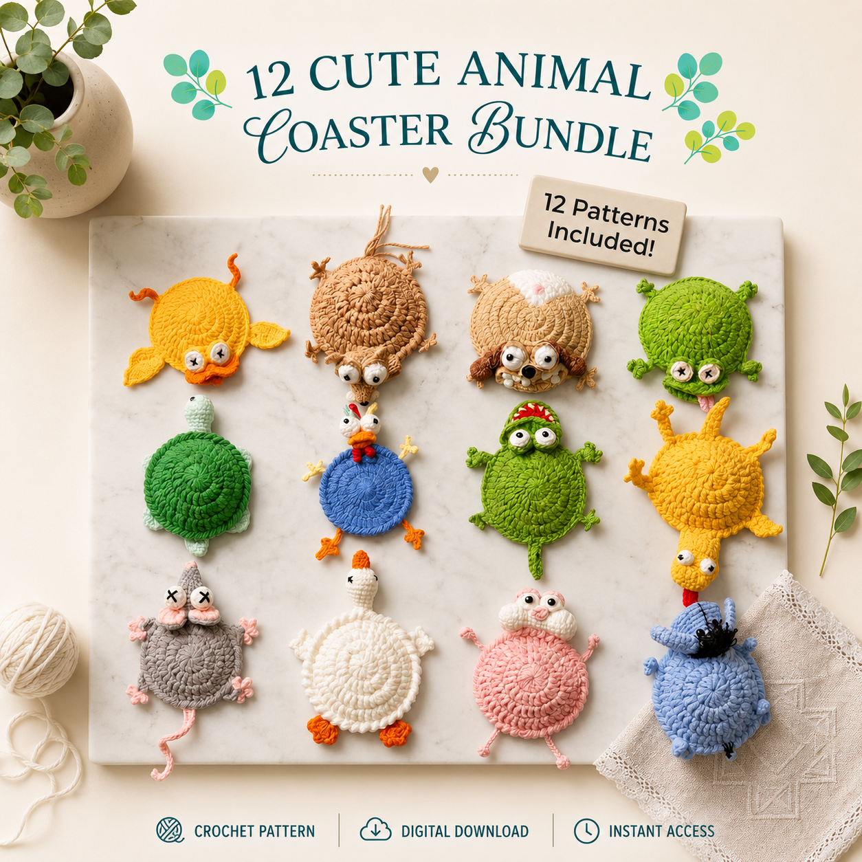 12 Animal Coaster Crochet Pattern Bundle (Digital Download)