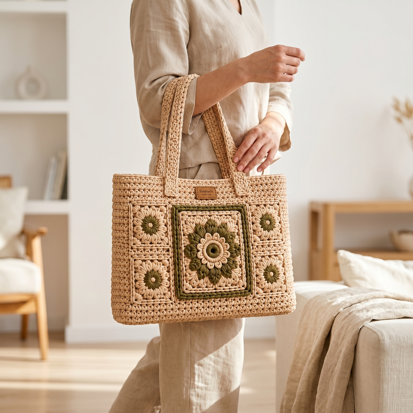Crocheted granny squares floral pattern shopping bag - beach bag (PDF file)