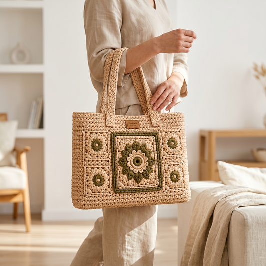 Crocheted granny squares floral pattern shopping bag - beach bag (PDF file)
