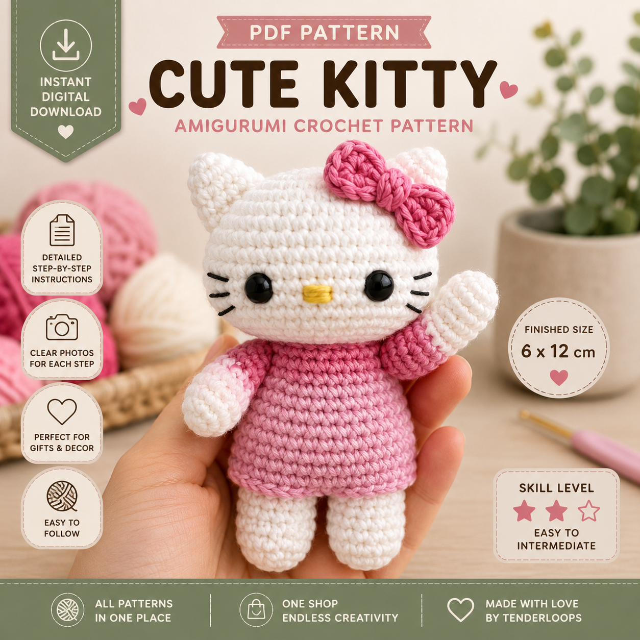 Hello Kitty Amigurumi Crochet PDF Pattern | Kawaii Plush Doll