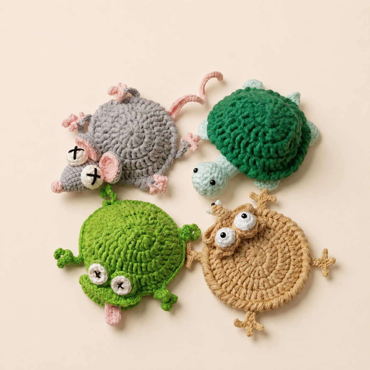 4-in-1 Derpy Friends Crochet Coaster Bundle | Funny Animal Mug Rug PDF Pattern