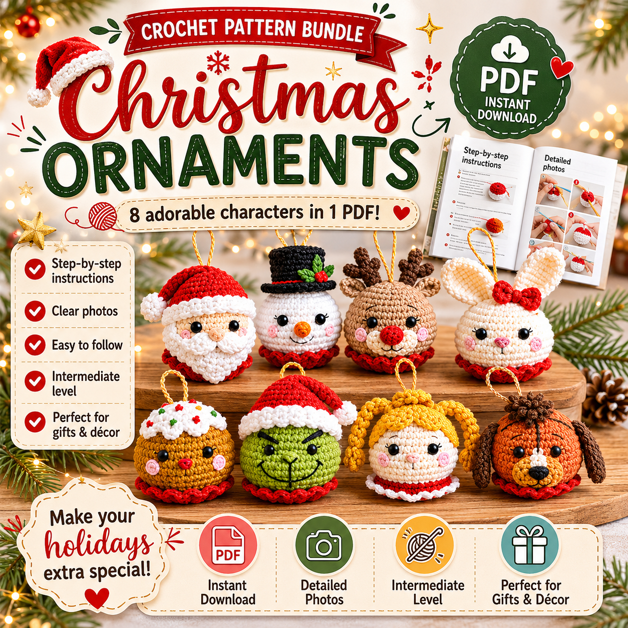 Christmas Amigurumi Ornament Crochet Pattern Bundle PDF 8 Holiday Character Decorations